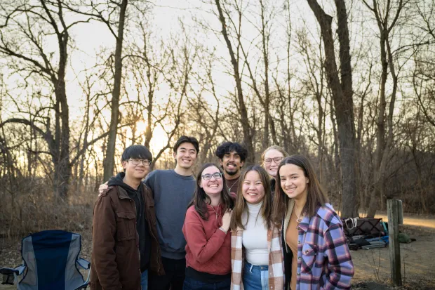 group of students outside, happy 