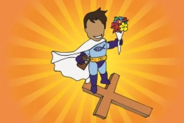 Drawing of cartoon man in superhero costume: wearing white cape, ichthys on chest, holding a bouquet of roses