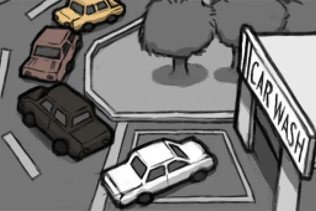 a drawing of a white car at the front of a line of other dark-colored cars