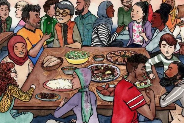 Drawing of diverse group of students sharing meal together