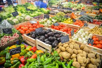 Produce section of grocery store with broad, colorful range of fruits and vegetables