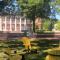 three yellow chairs on a campus quad with an academic building in the background