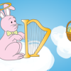 Cartoon Easter bunny playing harp on cloud next to Easter eggs