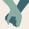 Drawing of two hands (one a lighter turquoise and the other a darker shade) holding one another on a beige background