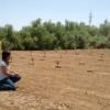 A person kneeling in a dusty desert landscape