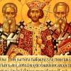An orthodox icon featuring five saints at the council of Nicaea